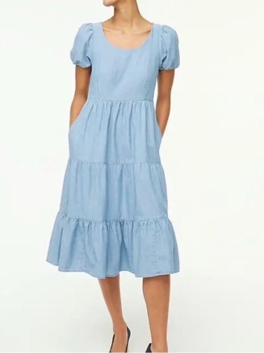 J.CREW Chambray Tiered Midi Dress Short Puff Sleeve Scoop Neck Light Wash 14